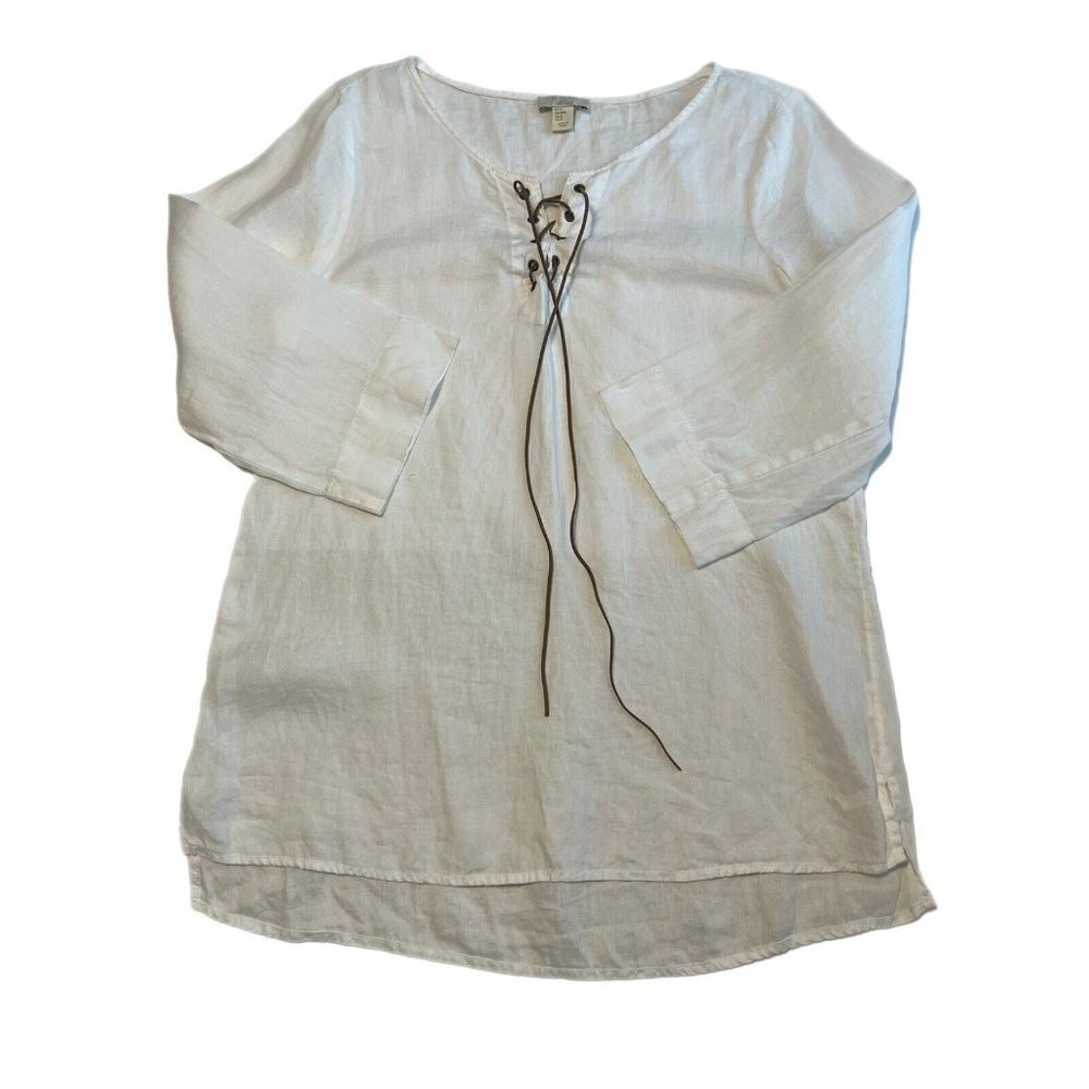 SIZE MEDIUM St. Tropez West 100% LINEN Tunic Leather Tie boho hippie minimalist